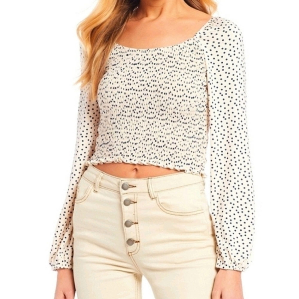 Gianni Bini Polka Dot Smocked Square Neck Crop Top Cream Navy Blue L